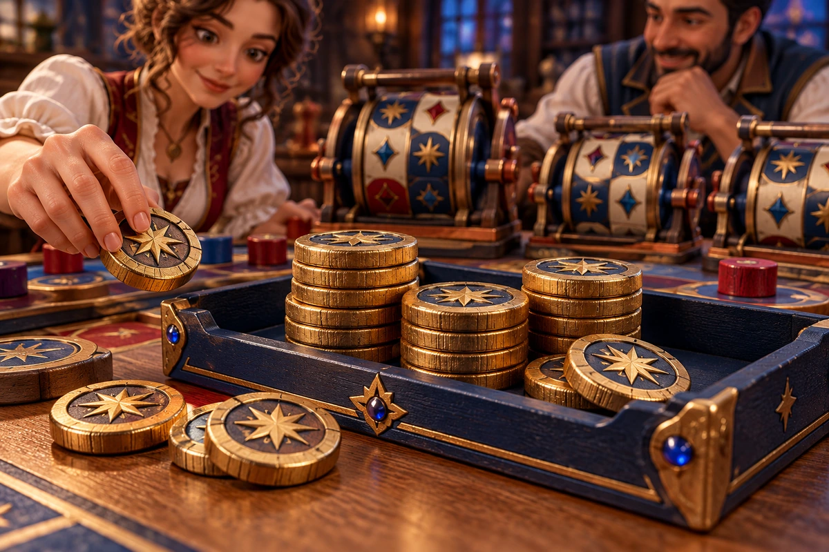 Golden wooden point coins stacked in a navy player tray beside the reel board