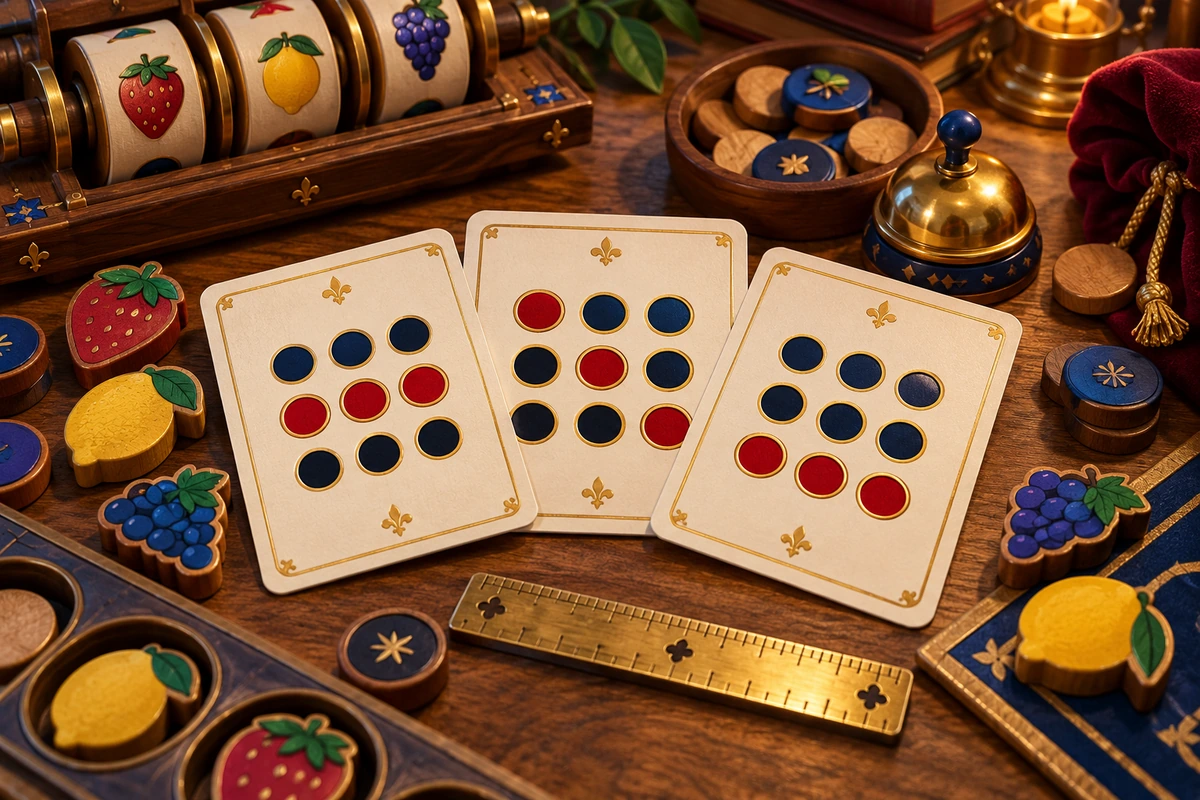Three decorative pattern cards laid out with fruit seals and gold board-game pieces