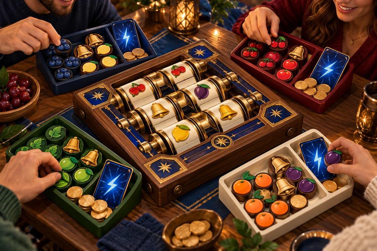 Four coloured collection trays surrounding a shared wooden reel board