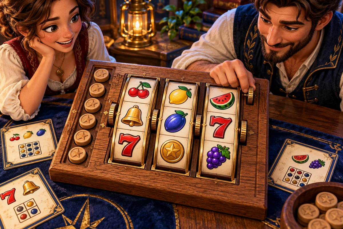 Physical three-column wooden reel rack with brass thumb wheels and nine visible symbol windows