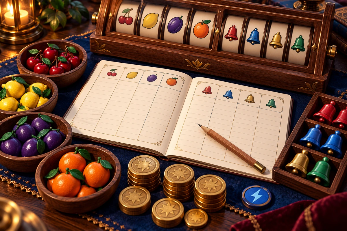 Scoring notebook, separated symbol collections and point coins at the end of a tabletop round