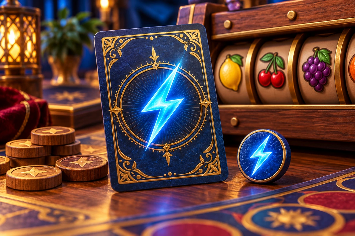 Blue lightning Strike card with a gold border beside a matching token and wooden coins