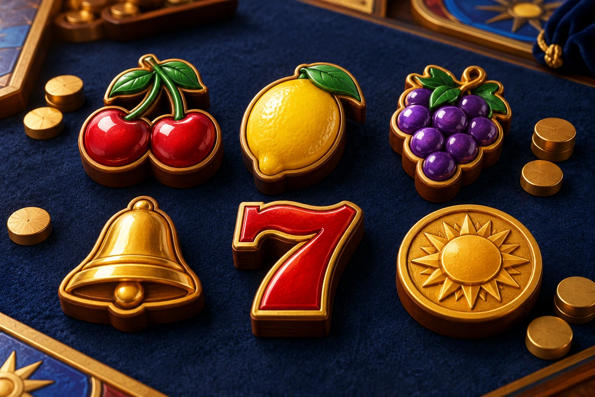 Six shaped tabletop emblems: cherries, lemon, grapes, bell, seven and a sunburst coin