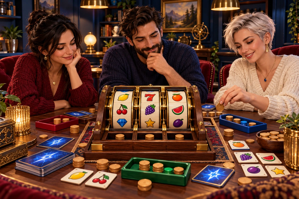 Three adult friends sharing the physical reel-and-coin board game around a warm evening table