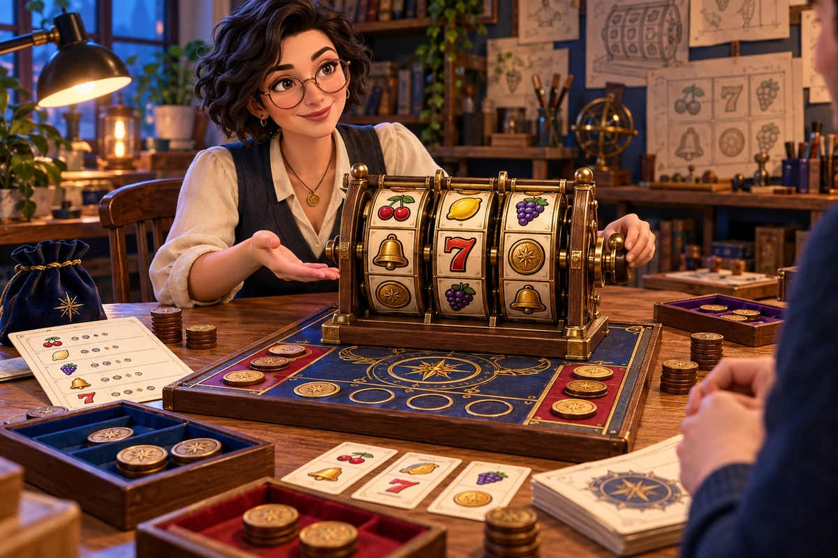 Game designer presenting a walnut tabletop reel board with gold point coins and colourful symbol pieces