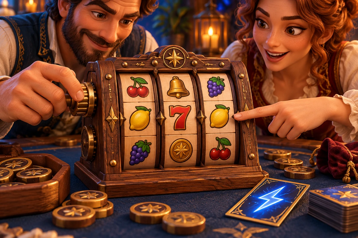 Two players examining a manual reel shift and pointing to a visible symbol pattern